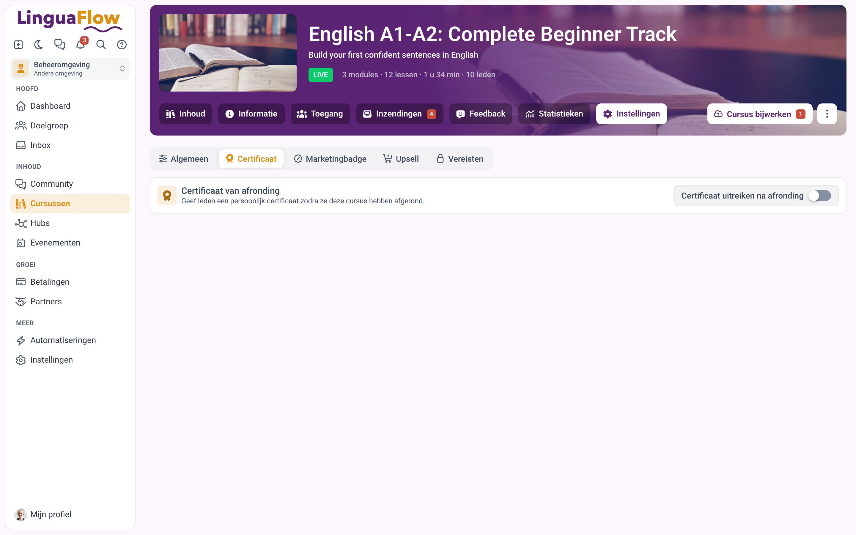 De certificaatinstellingen met lay-outkeuzes, tekstvelden en het live voorbeeld.