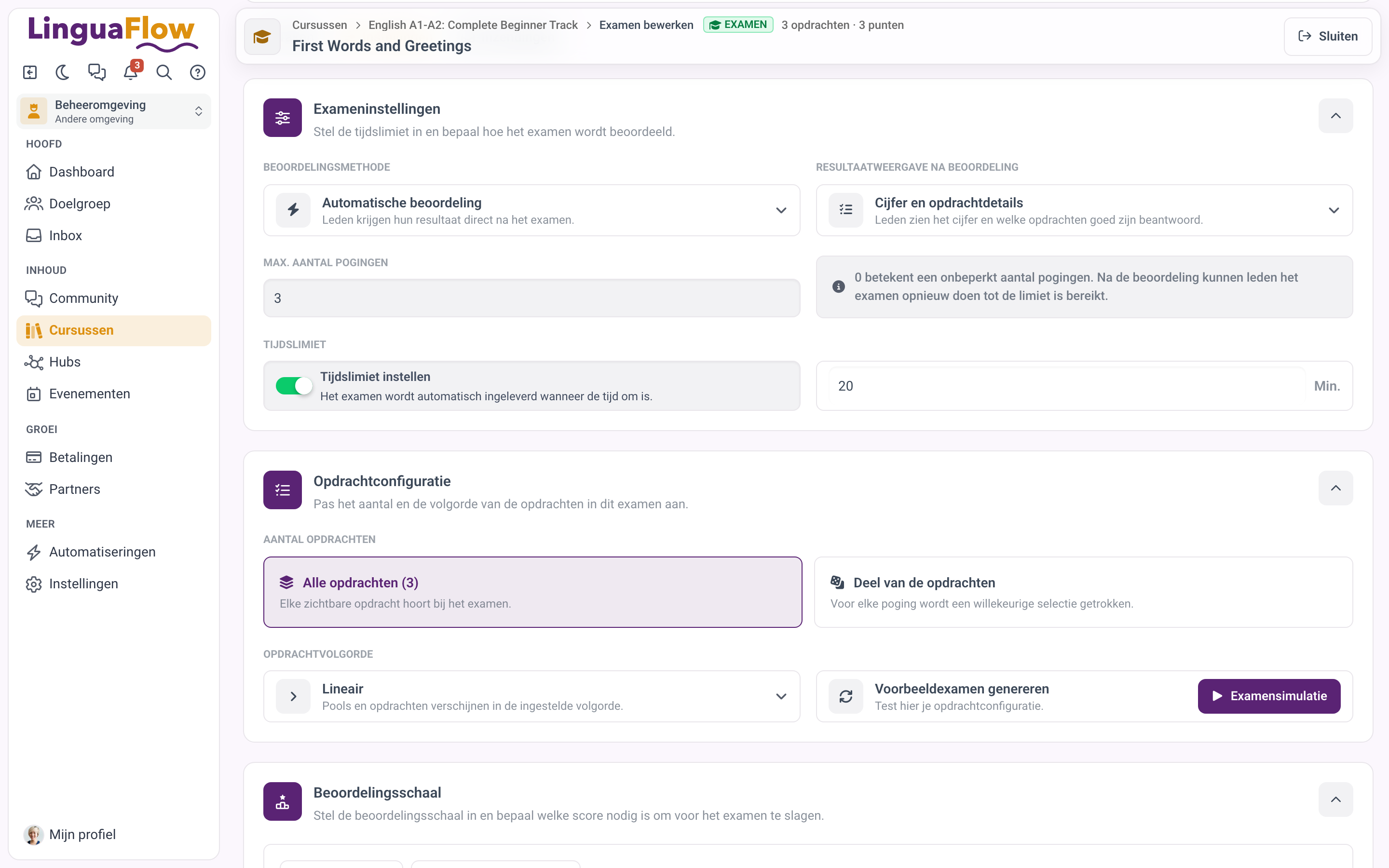 De exameninstellingen met beoordelingsmethode, maximaal aantal pogingen, tijdslimiet en opdrachtconfiguratie.