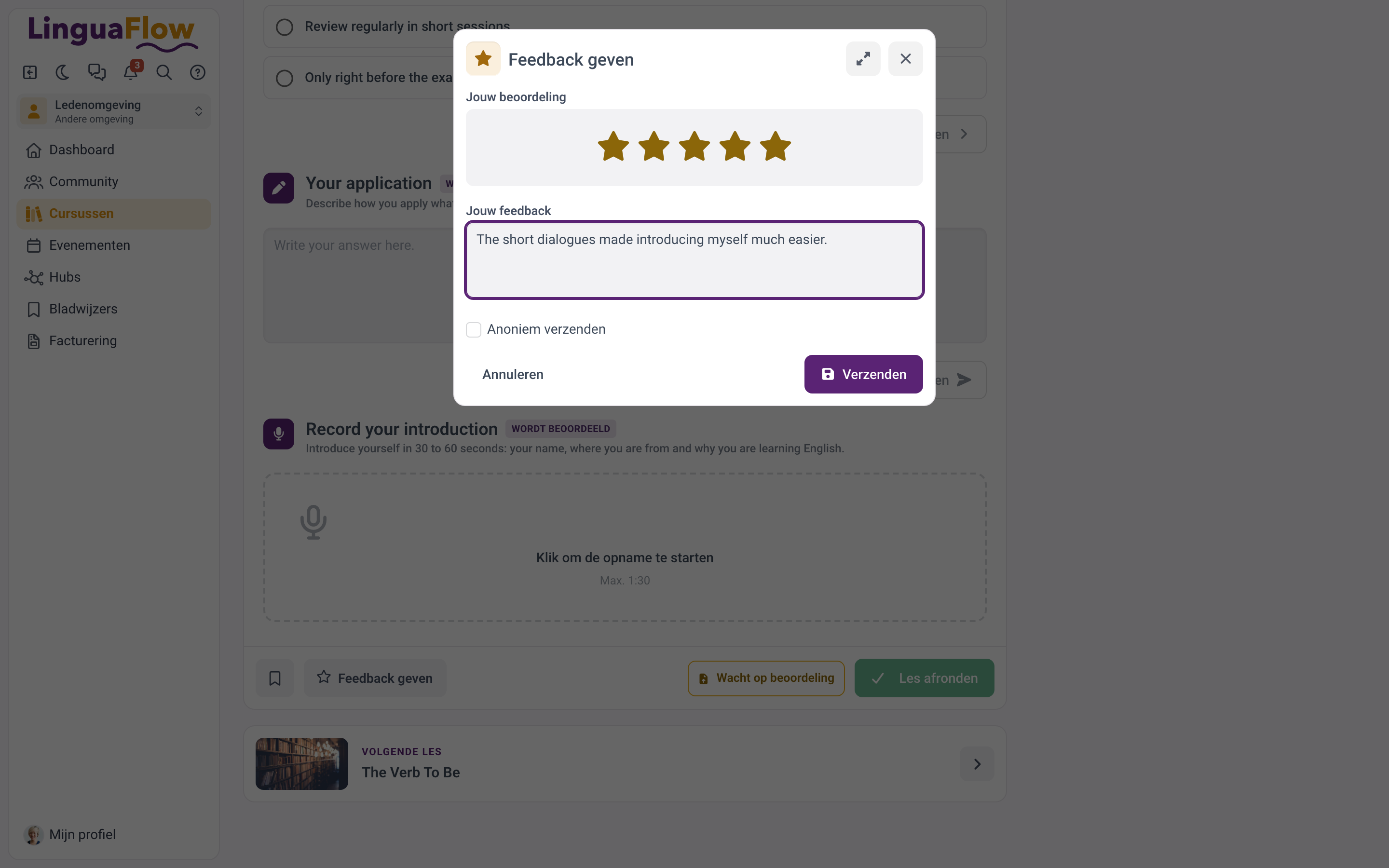 Een lespagina met de bladwijzerknop en het feedbackvenster geopend.