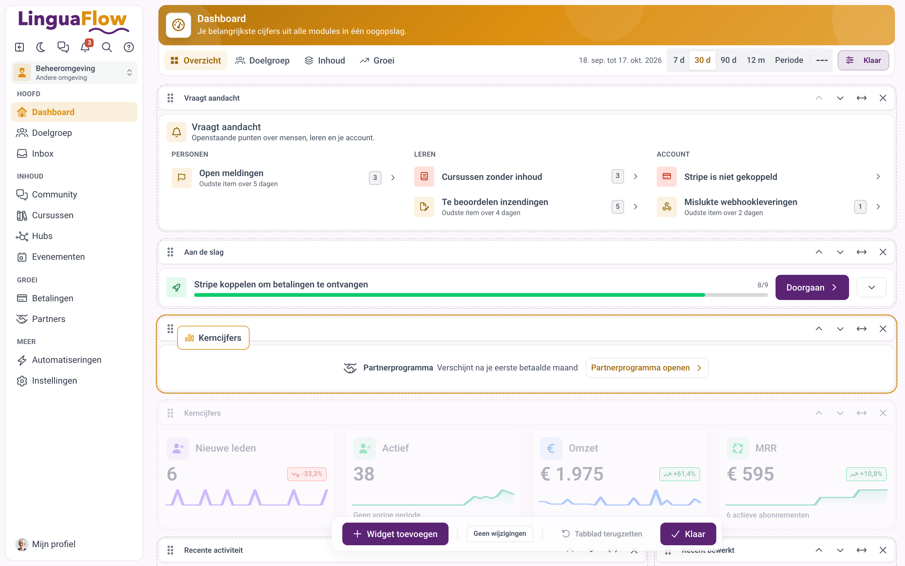 Het dashboard in de aanpasmodus, terwijl een kaart wordt versleept