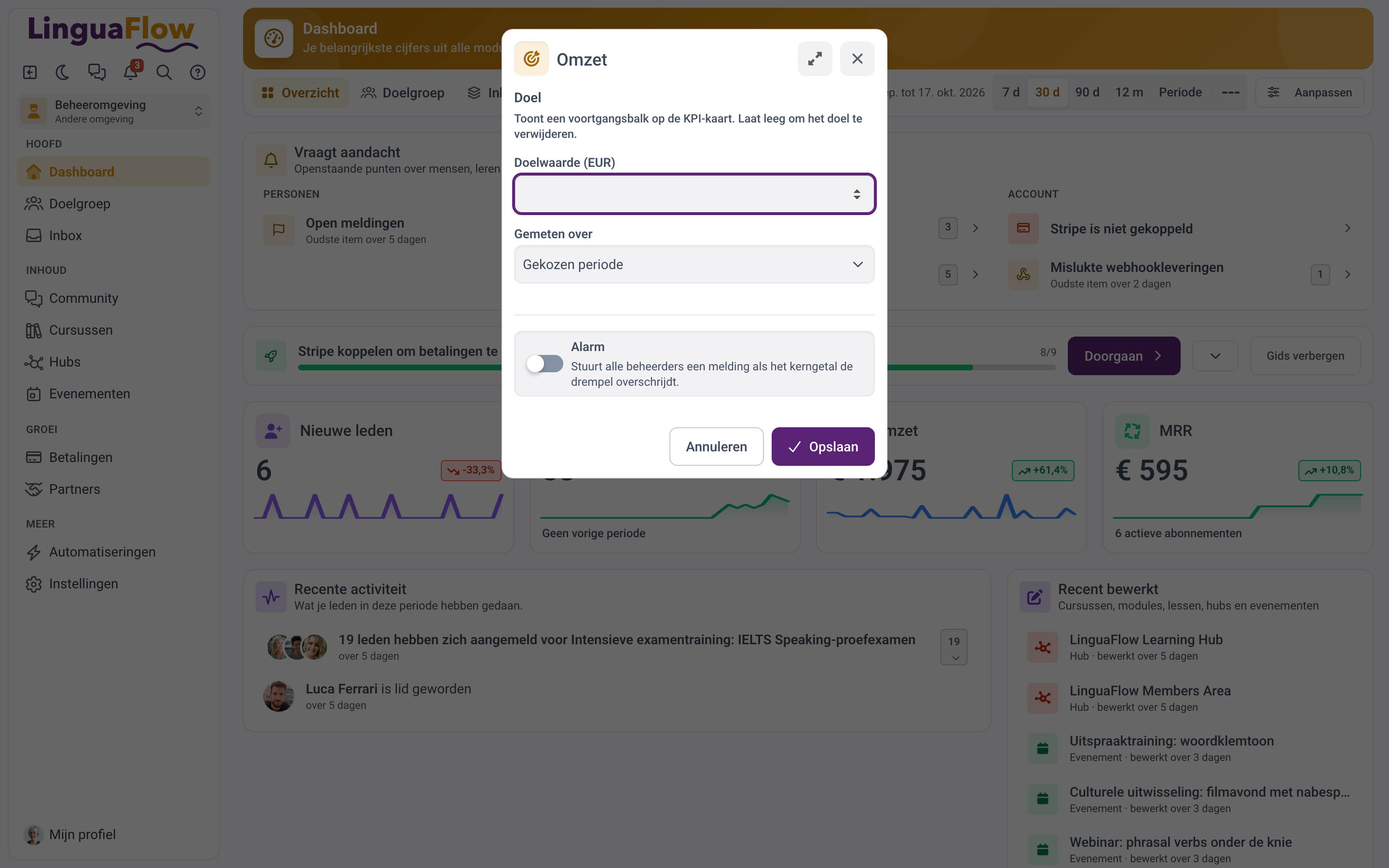 Het paneel voor doel en alarm bij Omzet