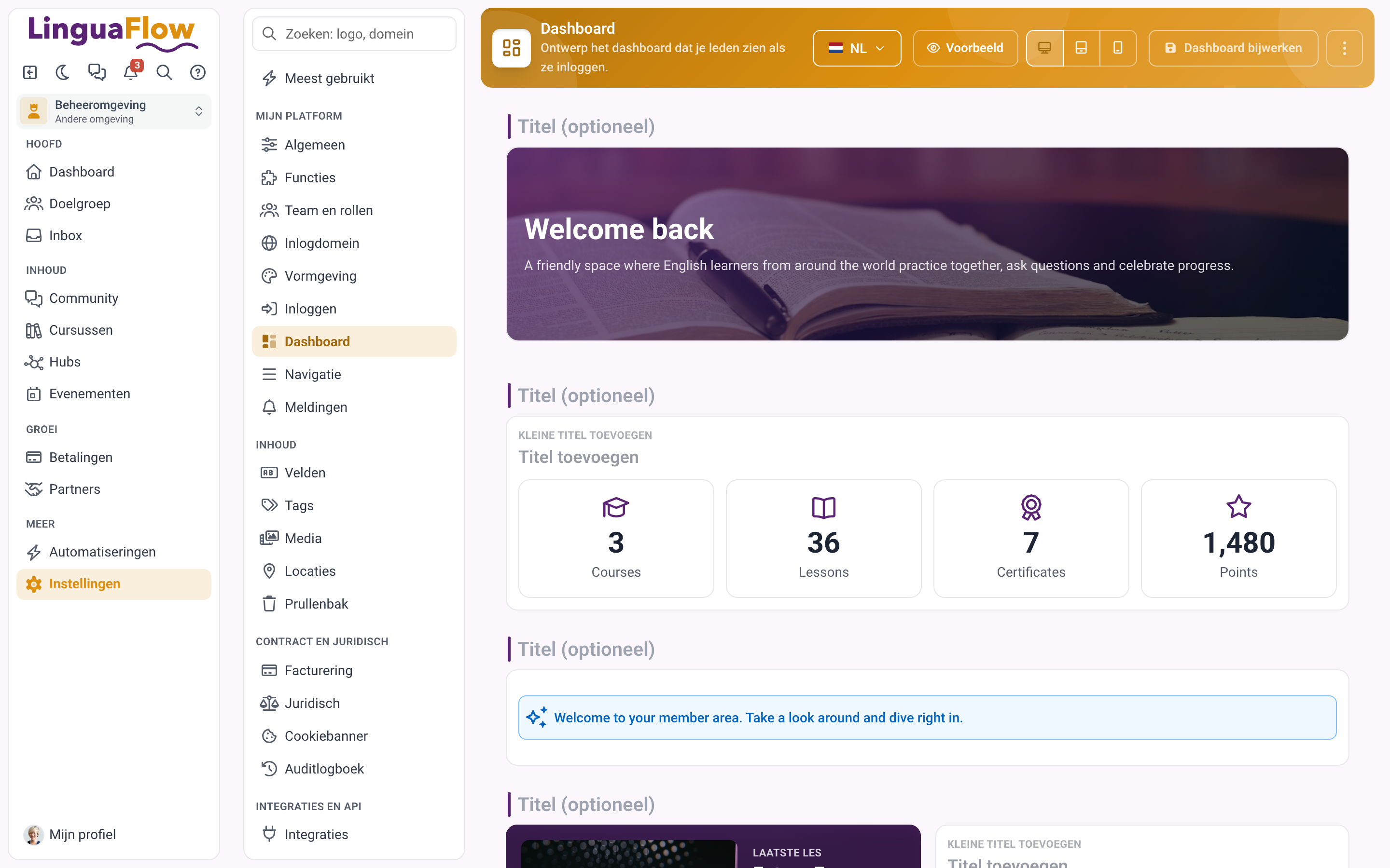De editor voor het ledendashboard met rijen en elementen
