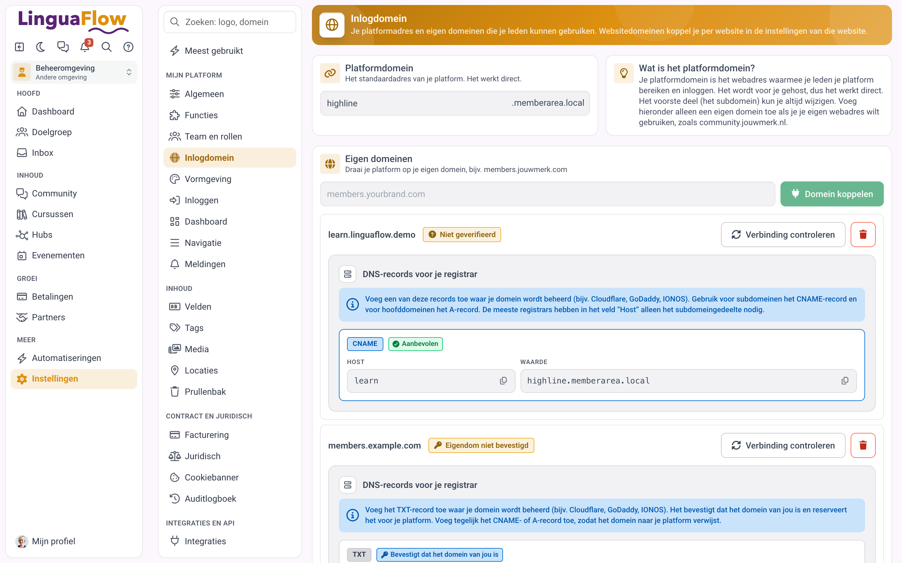 Een nieuw eigen domein dat wacht op het TXT-record voor eigendom, met het TXT- en het CNAME-record