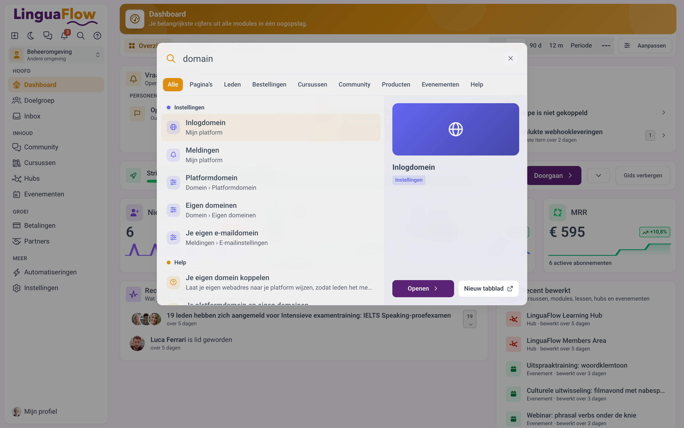 De zoekfunctie geopend met resultaten voor “domein”
