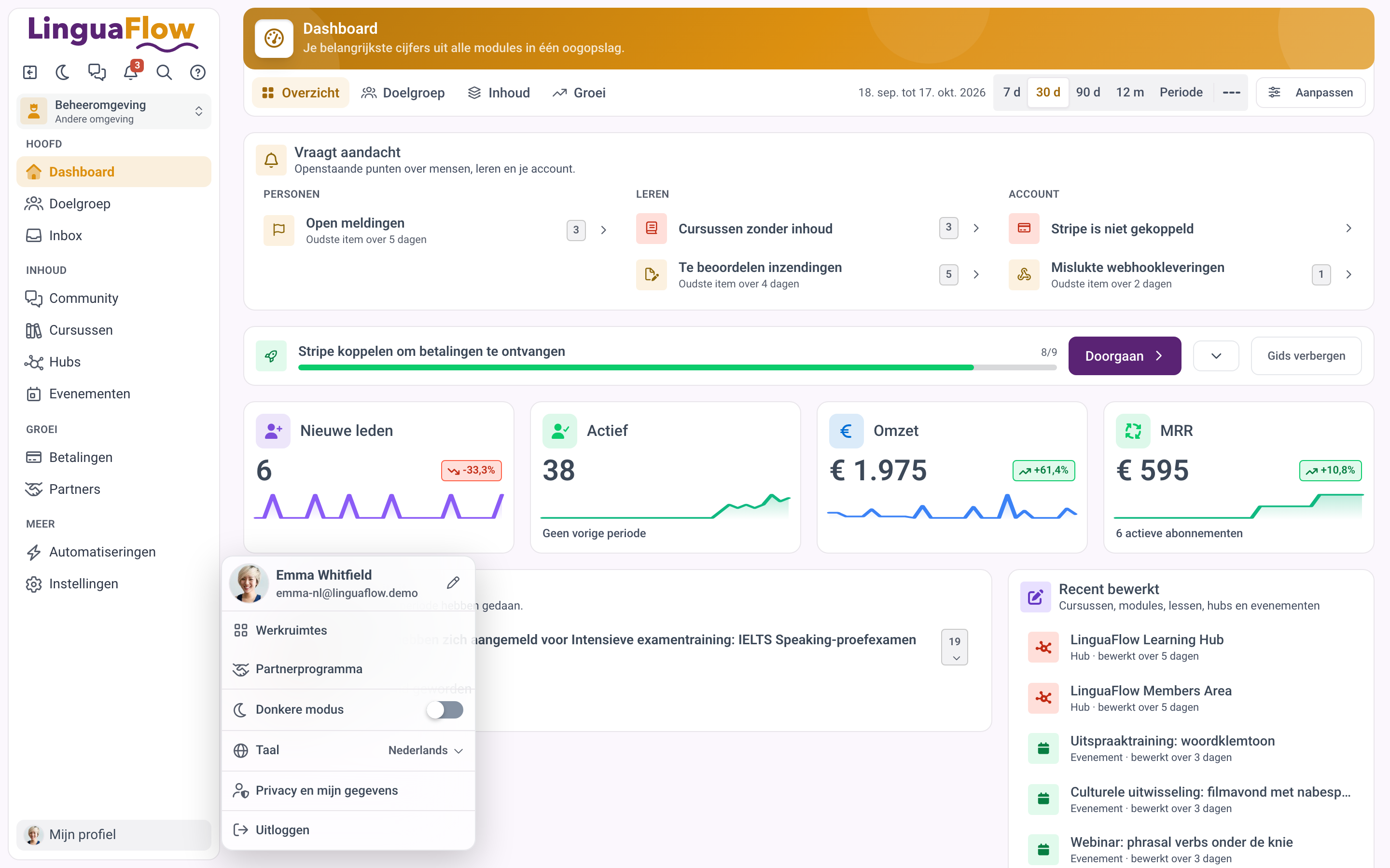 Het accountmenu met profiel, werkruimtes, donkere modus en taal
