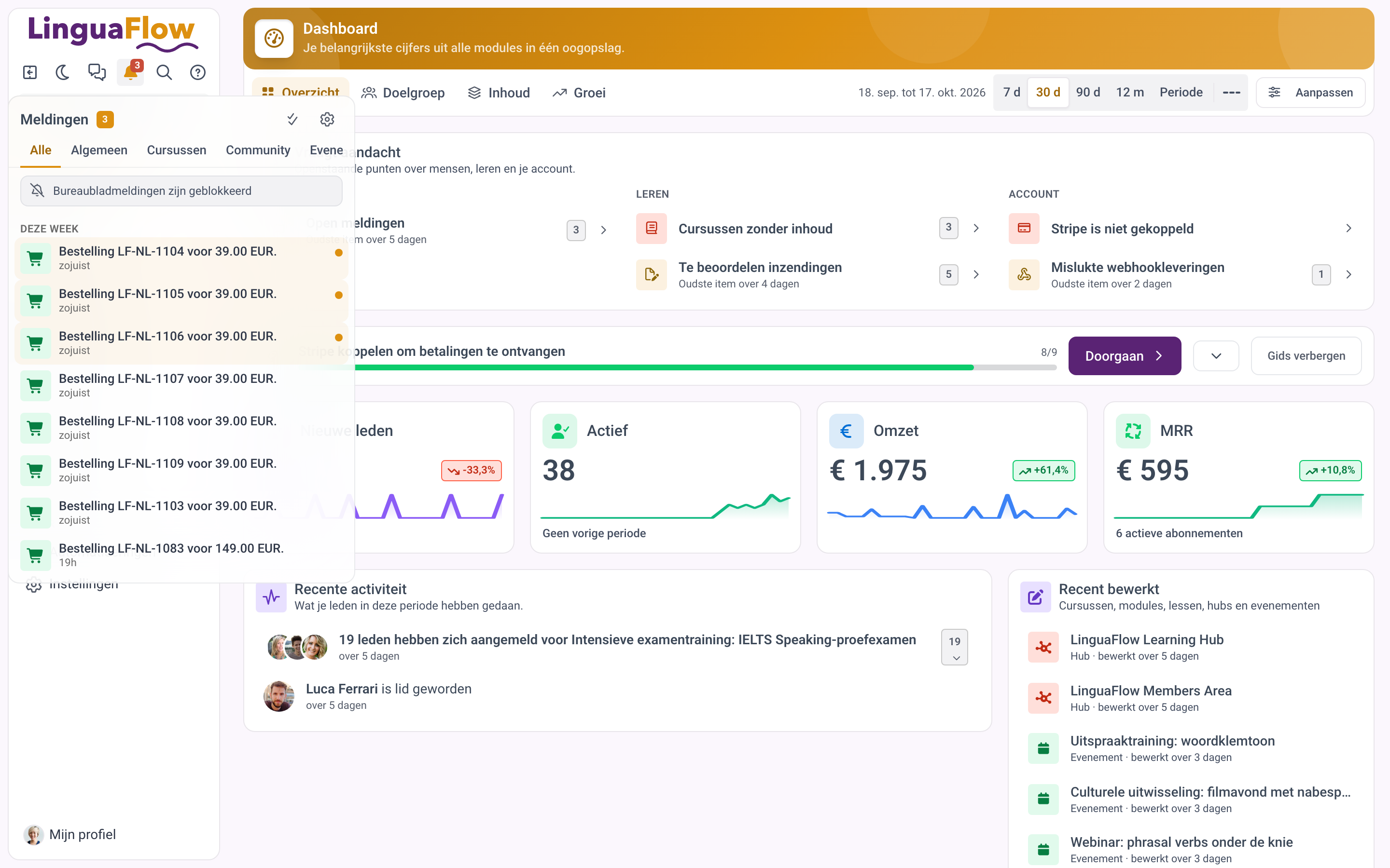 De meldingenbel met recente beheermeldingen en filters