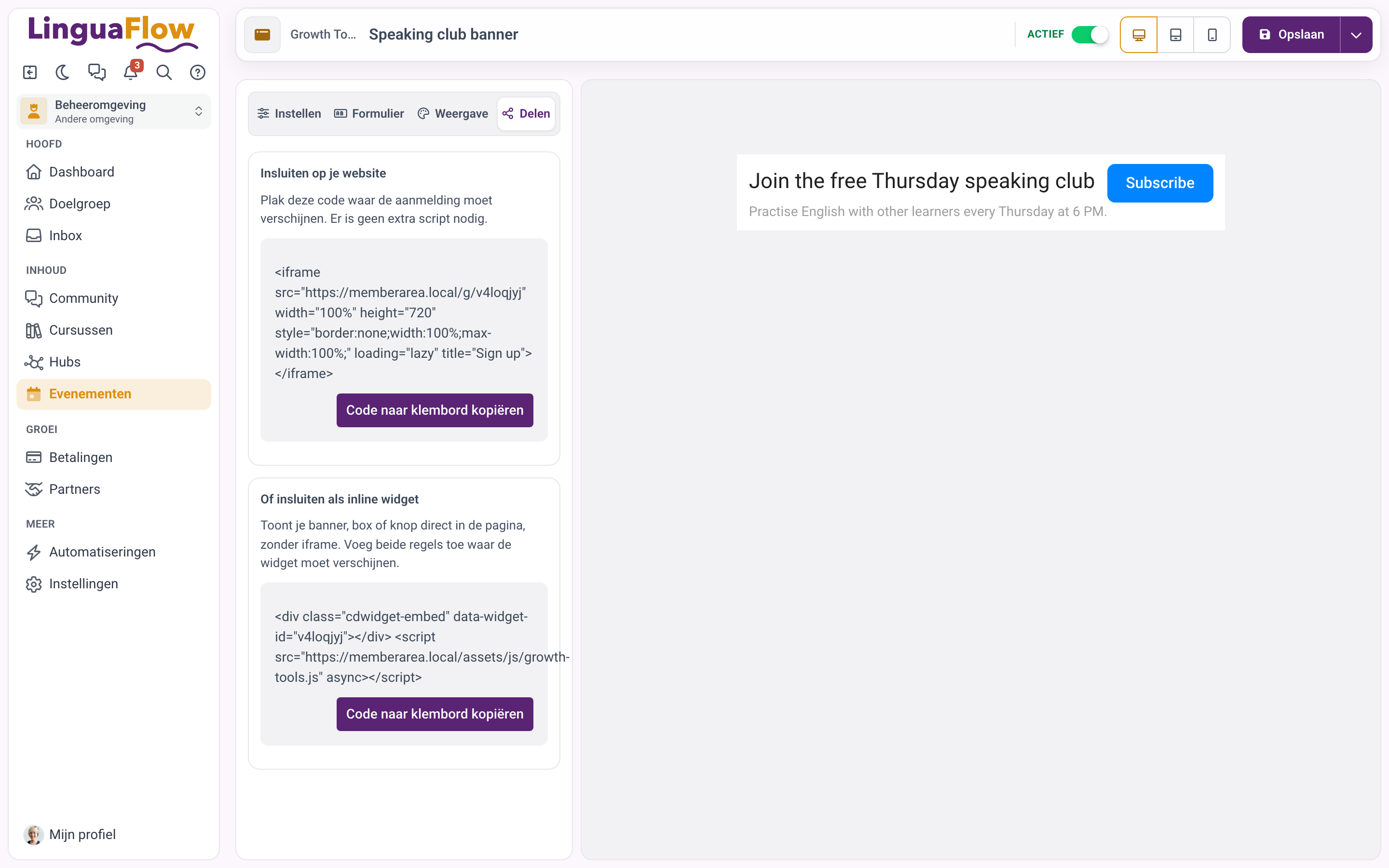 Het tabblad Delen met de iframe-code en de code voor de inline widget.