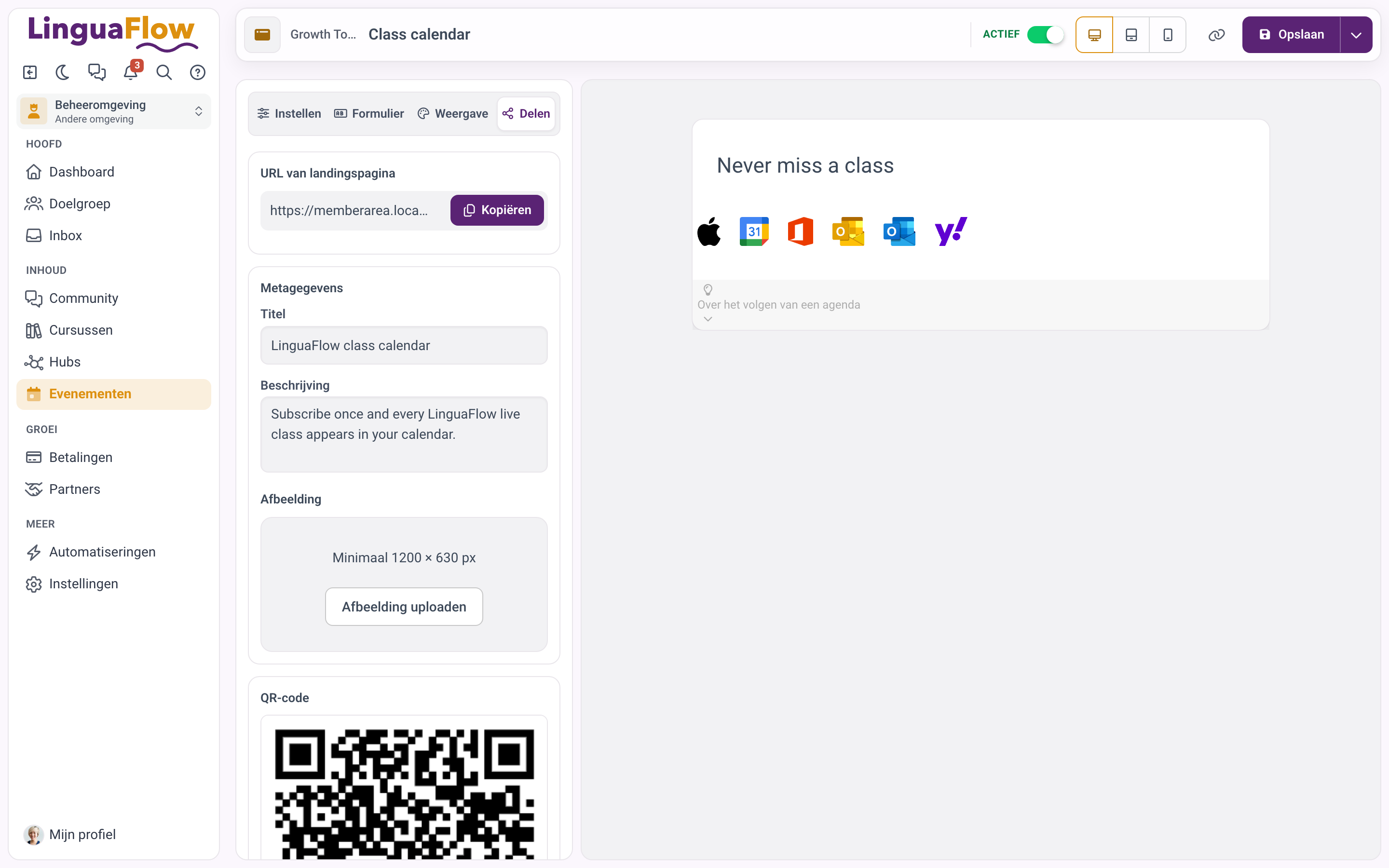 Het tabblad Delen met de URL van de landingspagina, de metagegevens en de QR-code.