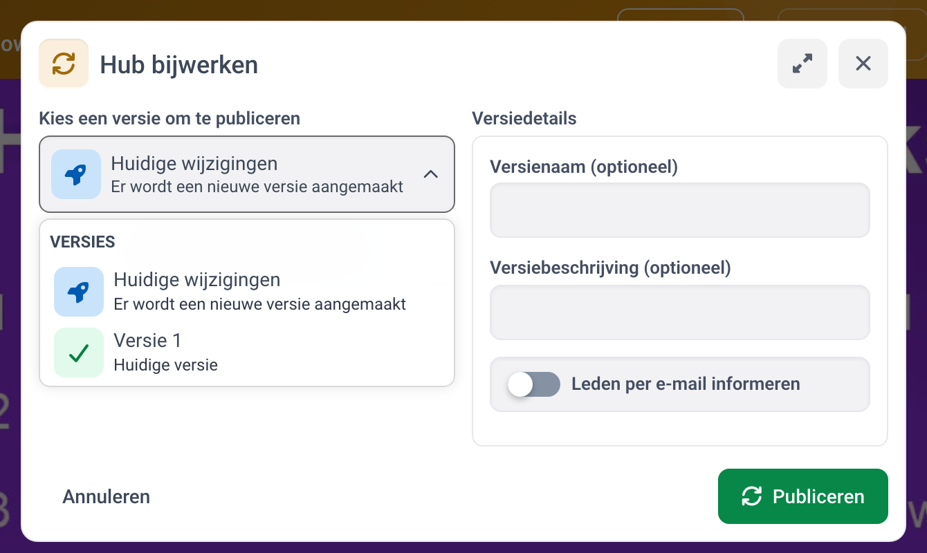 Het venster Hub bijwerken met de versies en de versiedetails.