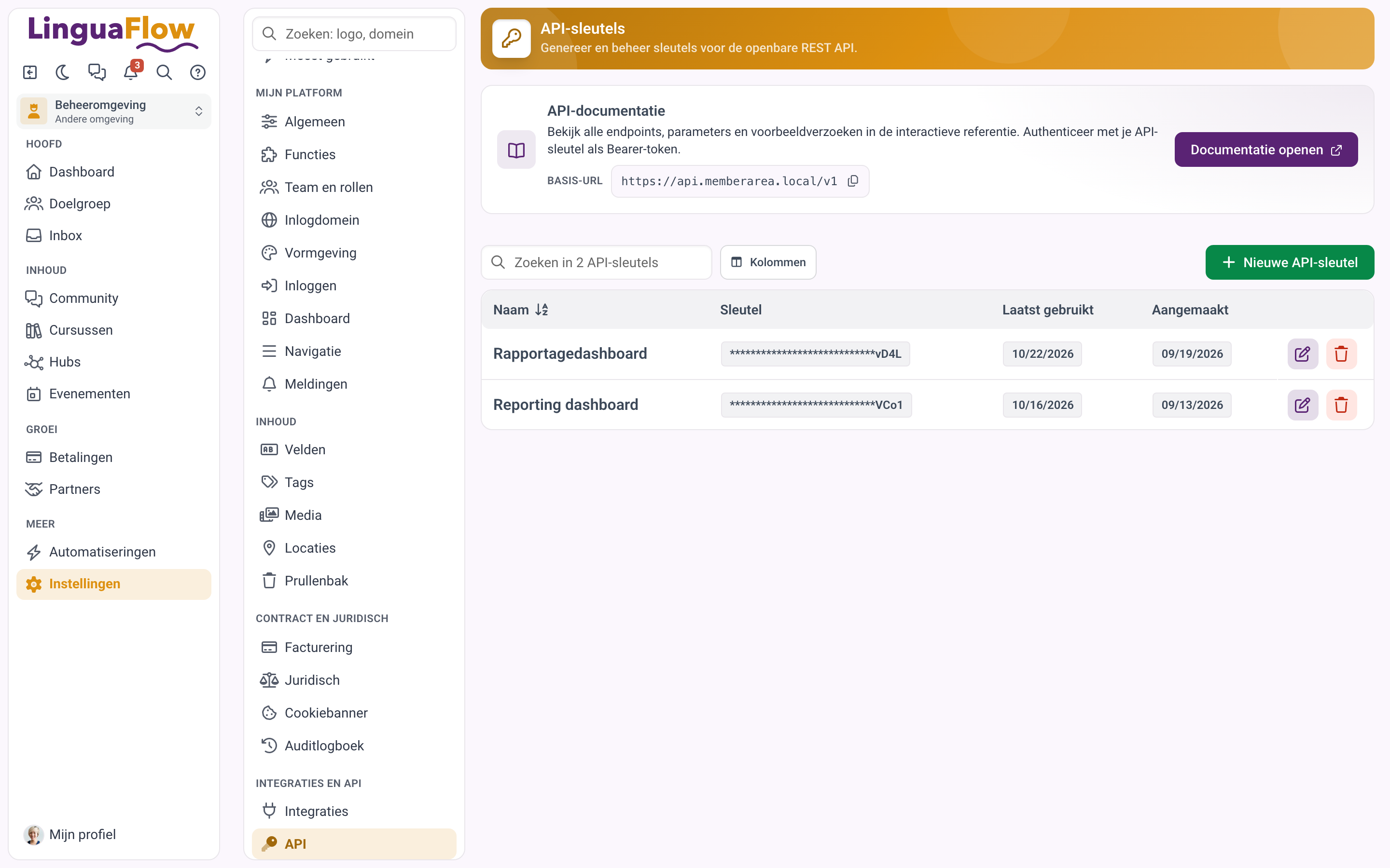 De lijst met API-sleutels en de knop voor een nieuwe API-sleutel.
