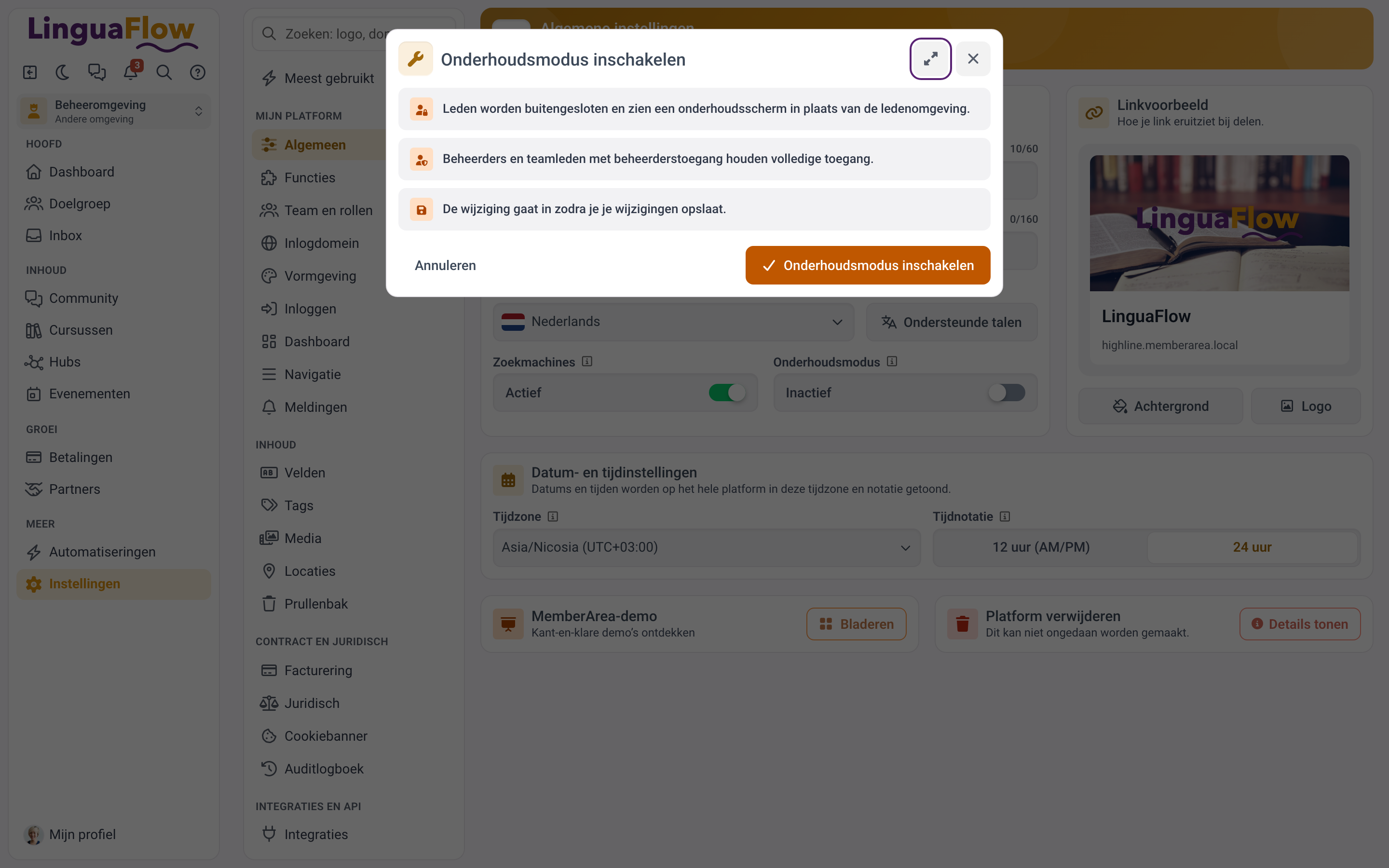 Het venster Onderhoudsmodus inschakelen met wat er voor leden en beheerders gebeurt.