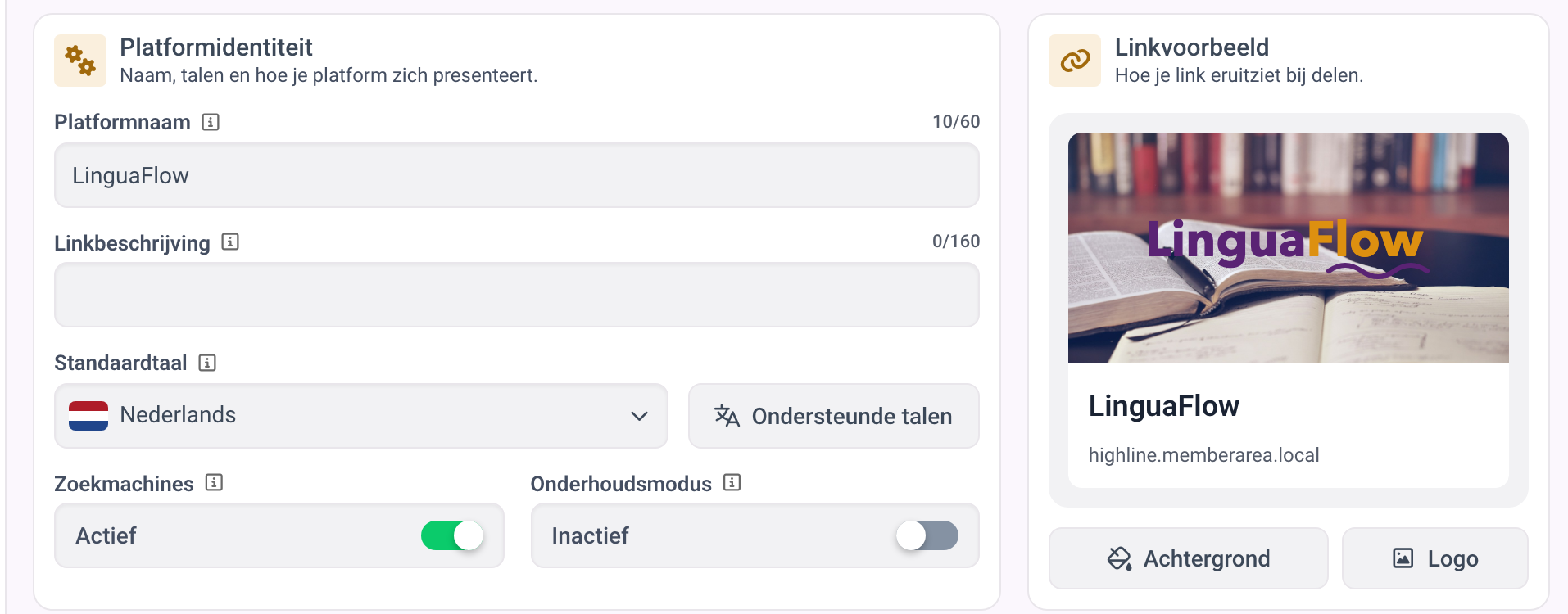 De algemene instellingen met Platformidentiteit en de kaart Linkvoorbeeld.