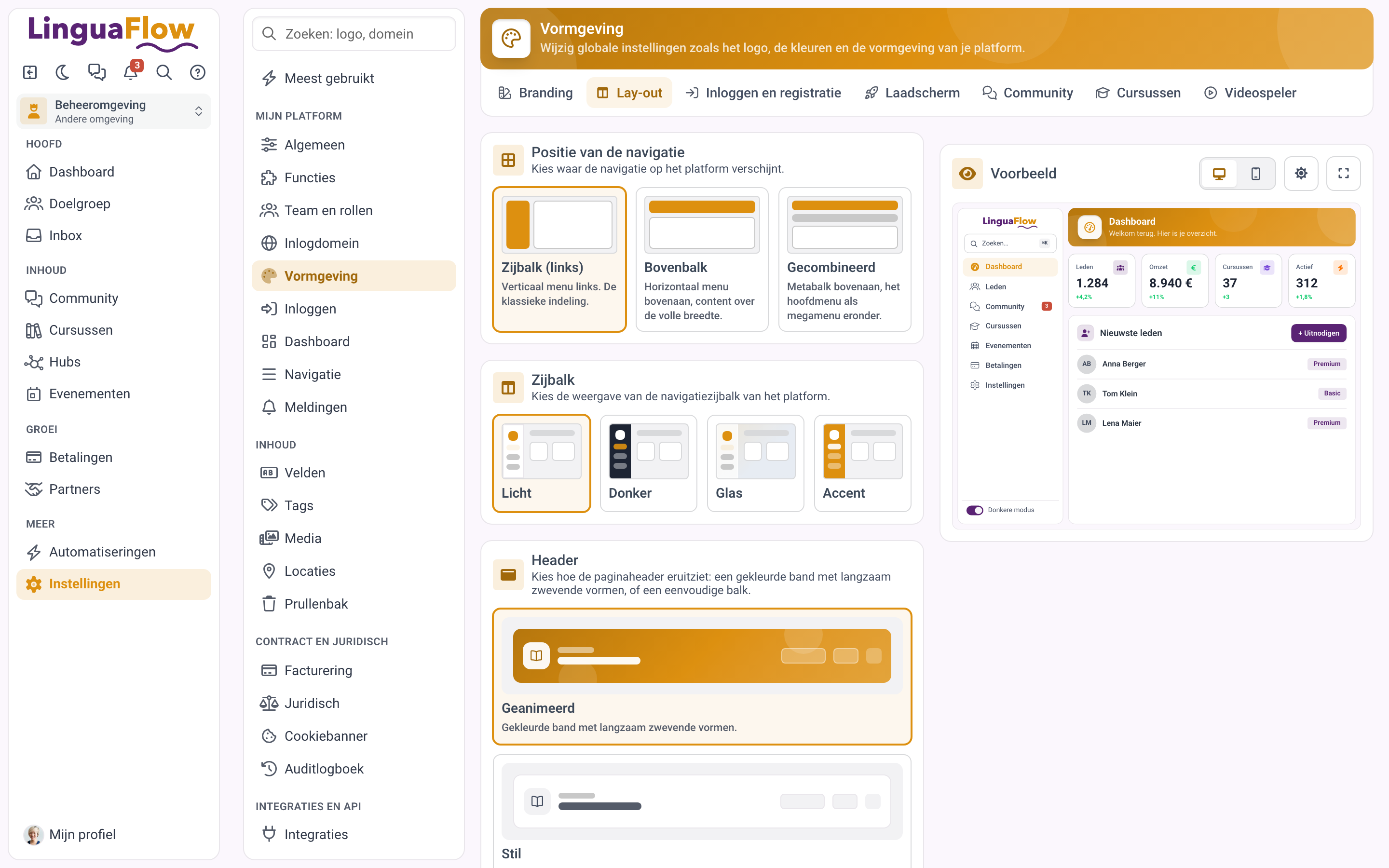 Het tabblad Lay-out met de positie van de navigatie, de stijl van de zijbalk en de header.