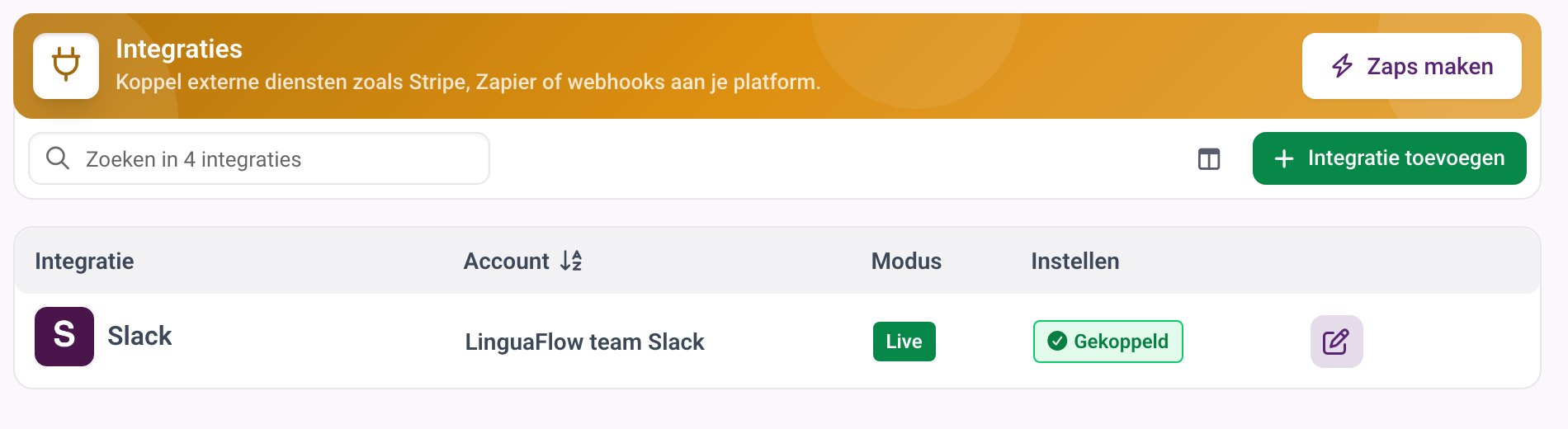 De pagina Integraties met een gekoppelde tool en de status van de installatie.