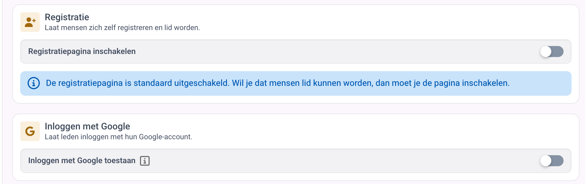 De inloginstellingen met de schakelaar voor registratie en de optie Inloggen met Google.