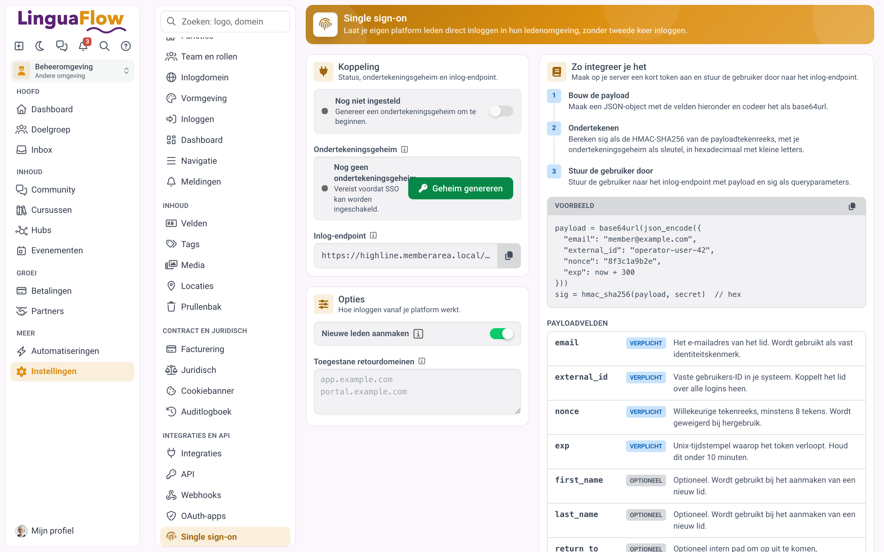 De pagina Single sign-on met de status van de koppeling, het ondertekeningsgeheim en het inlog-endpoint.