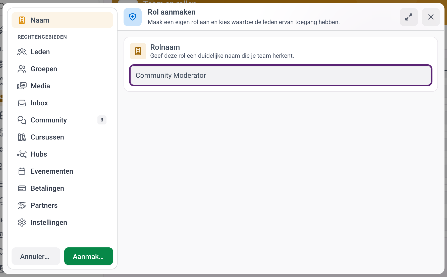 De roleditor met de rolnaam en de rechtengebieden.