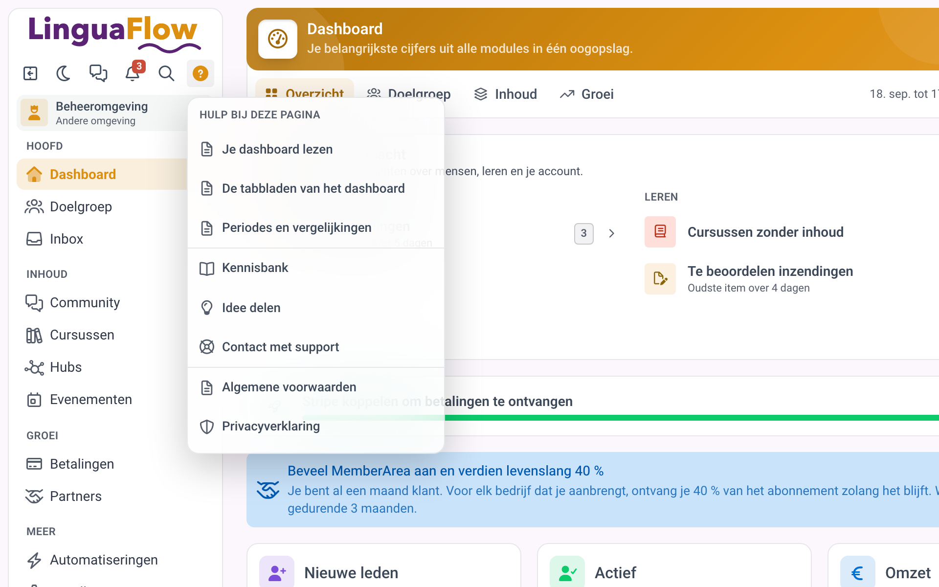 Het menu Help in de zijbalk met Hulp bij deze pagina, Kennisbank en Contact met support.