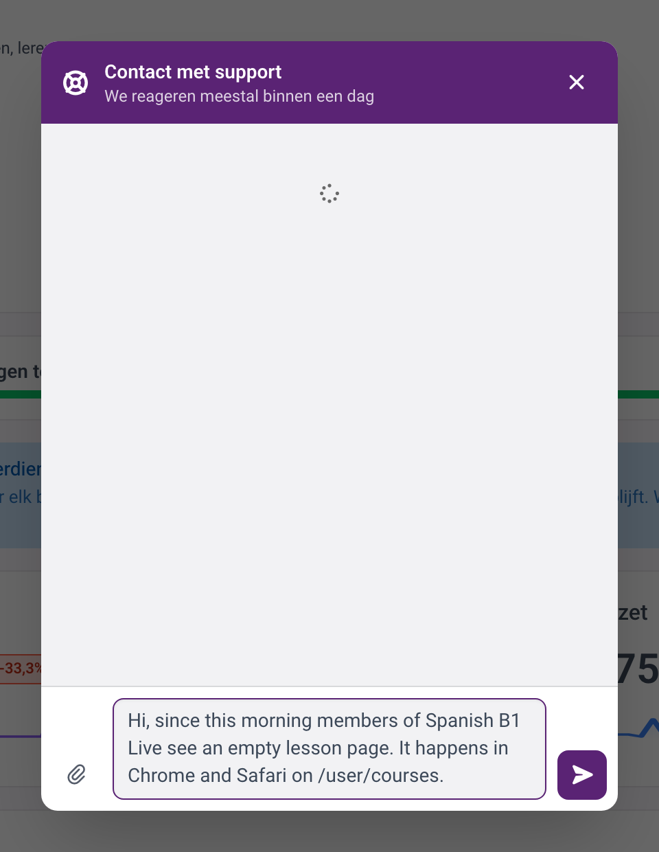 Het chatvenster Contact met support met een getypt bericht in het berichtveld.