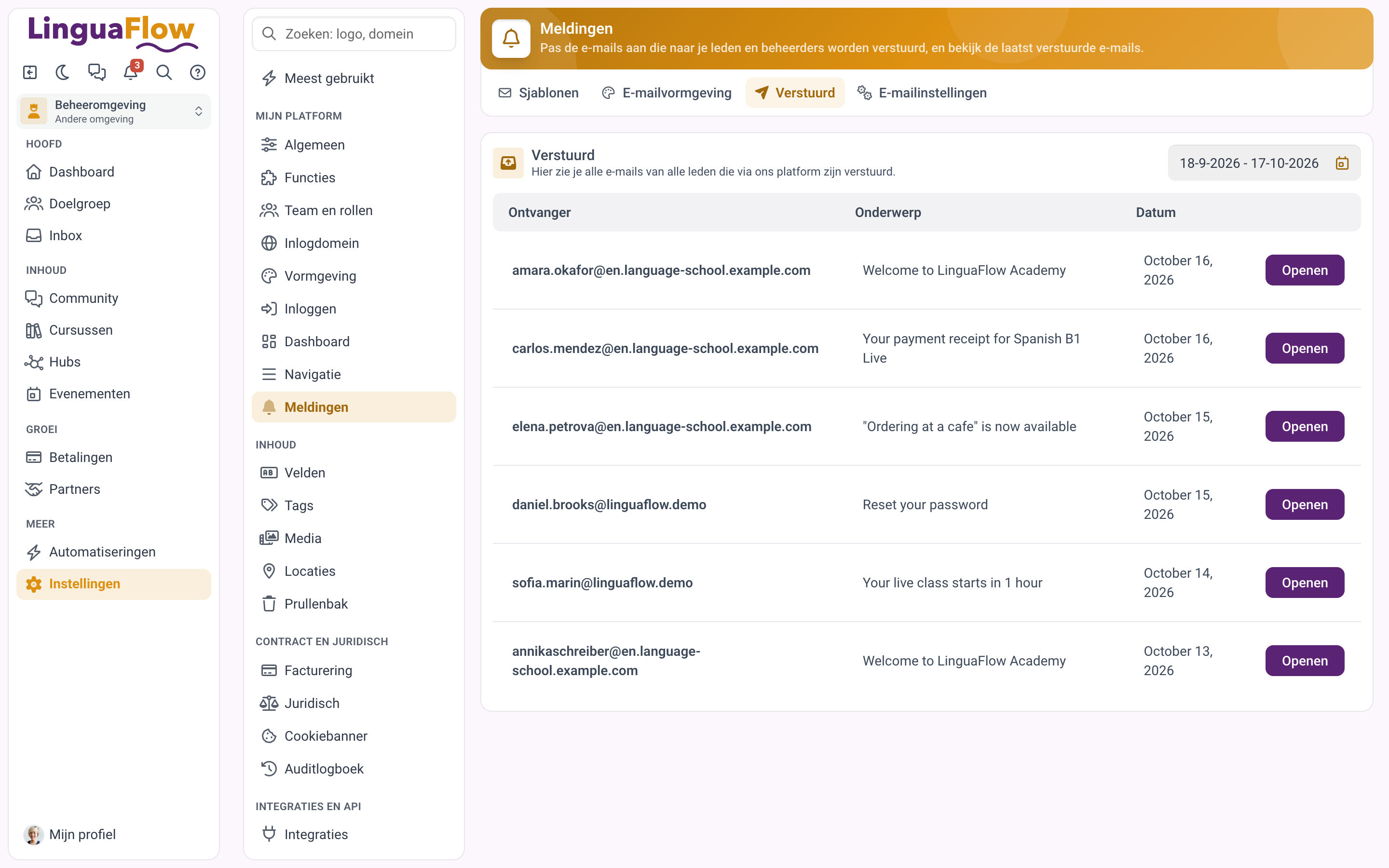 De lijst Verstuurd met ontvanger, onderwerp en datum van recente e-mails.