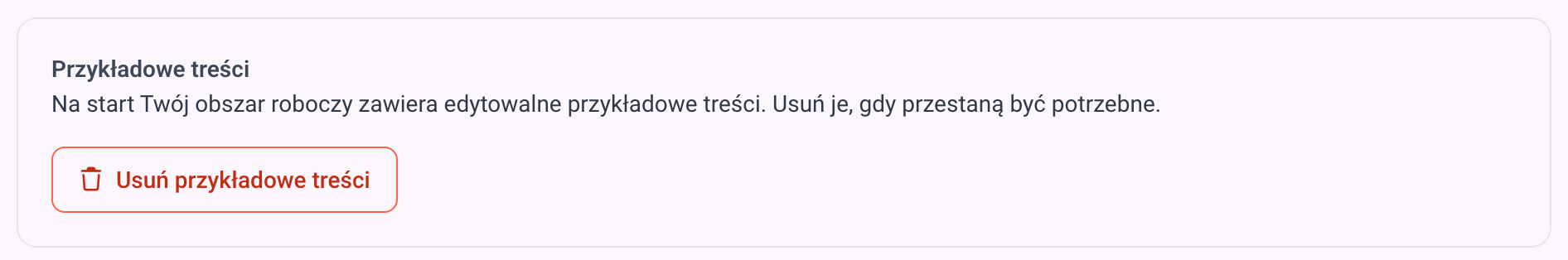 Pole Przykładowe treści z przyciskiem Usuń przykładowe treści