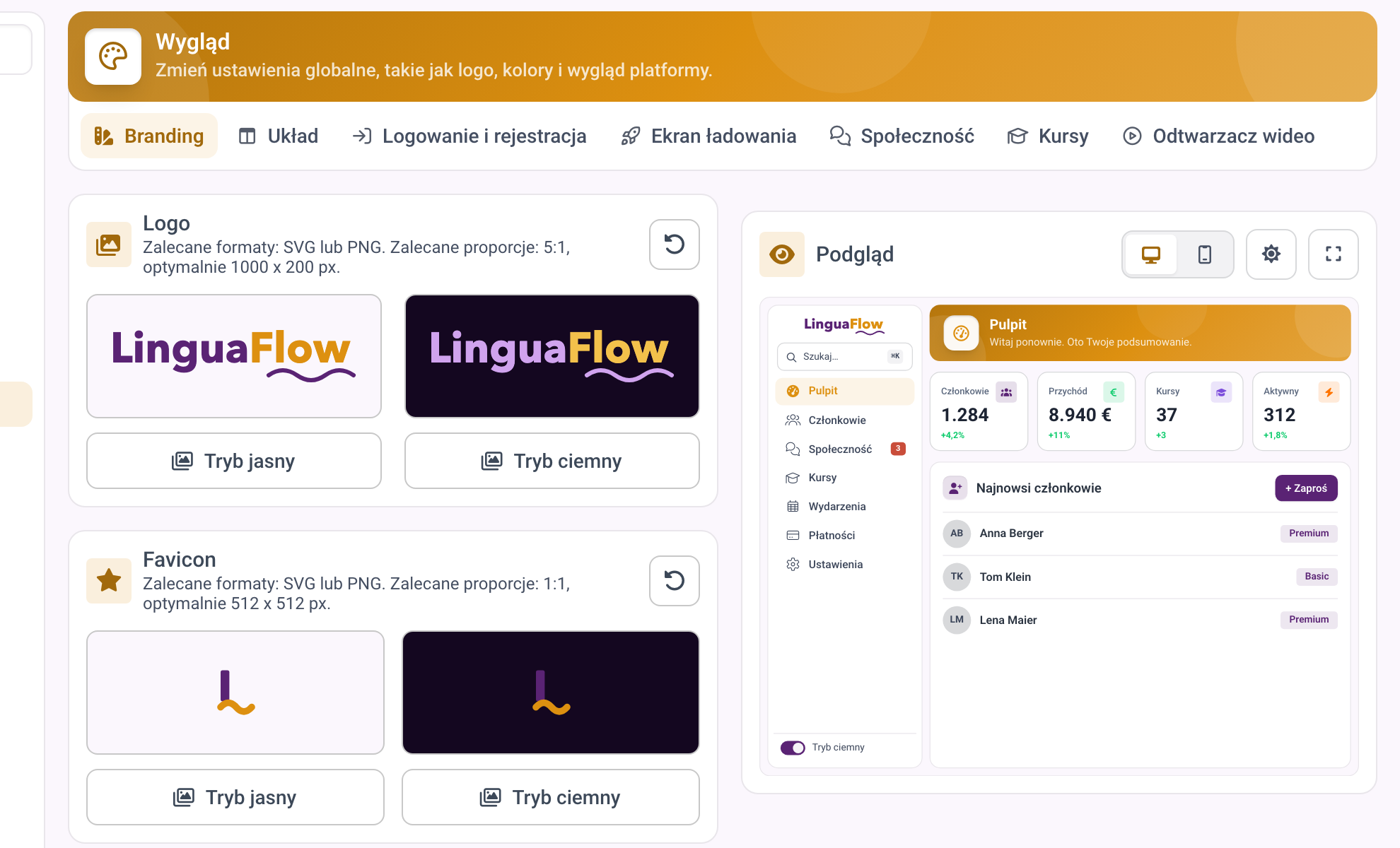 Ustawienia brandingu z podglądem na żywo