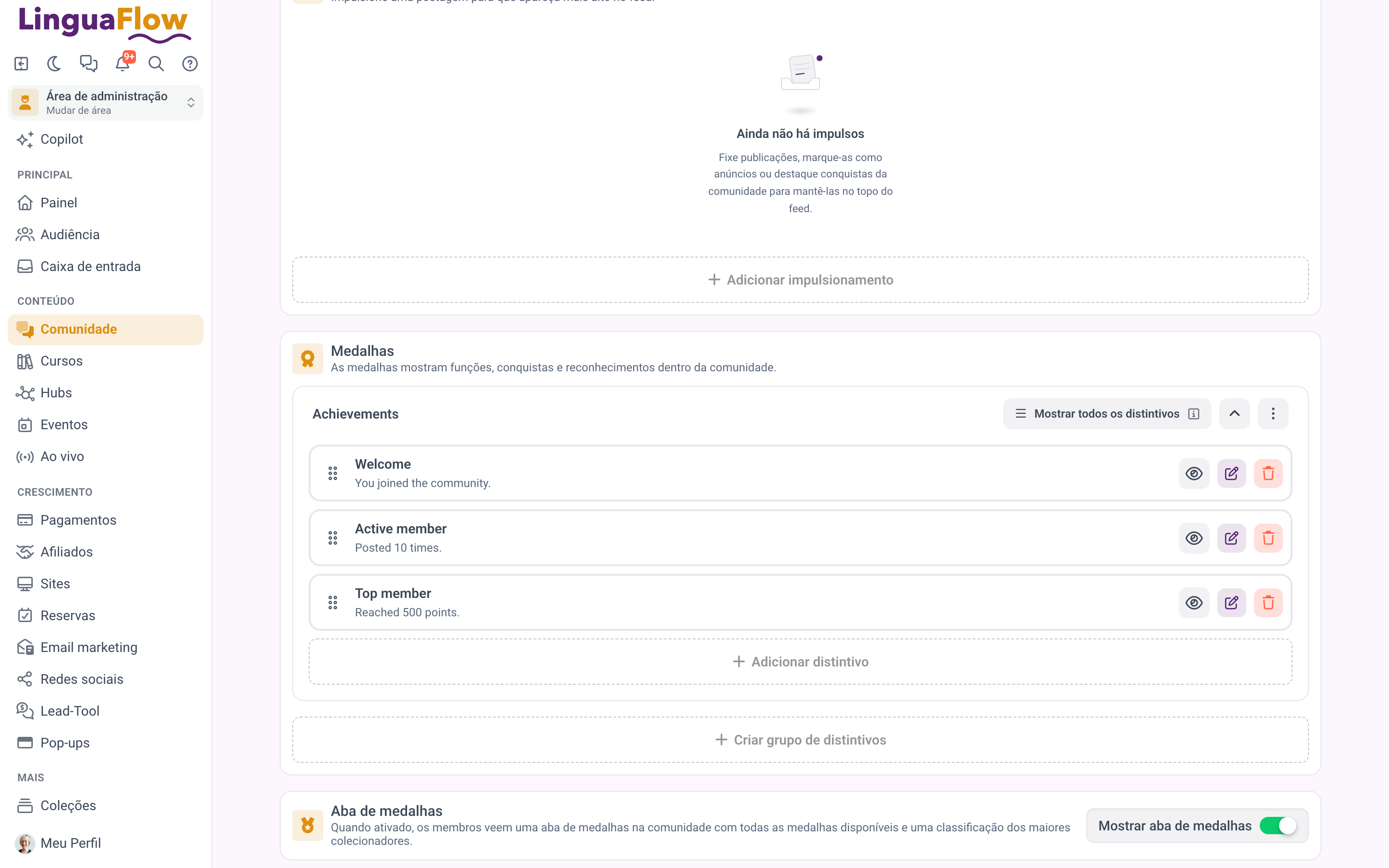 A lista de distintivos com grupos