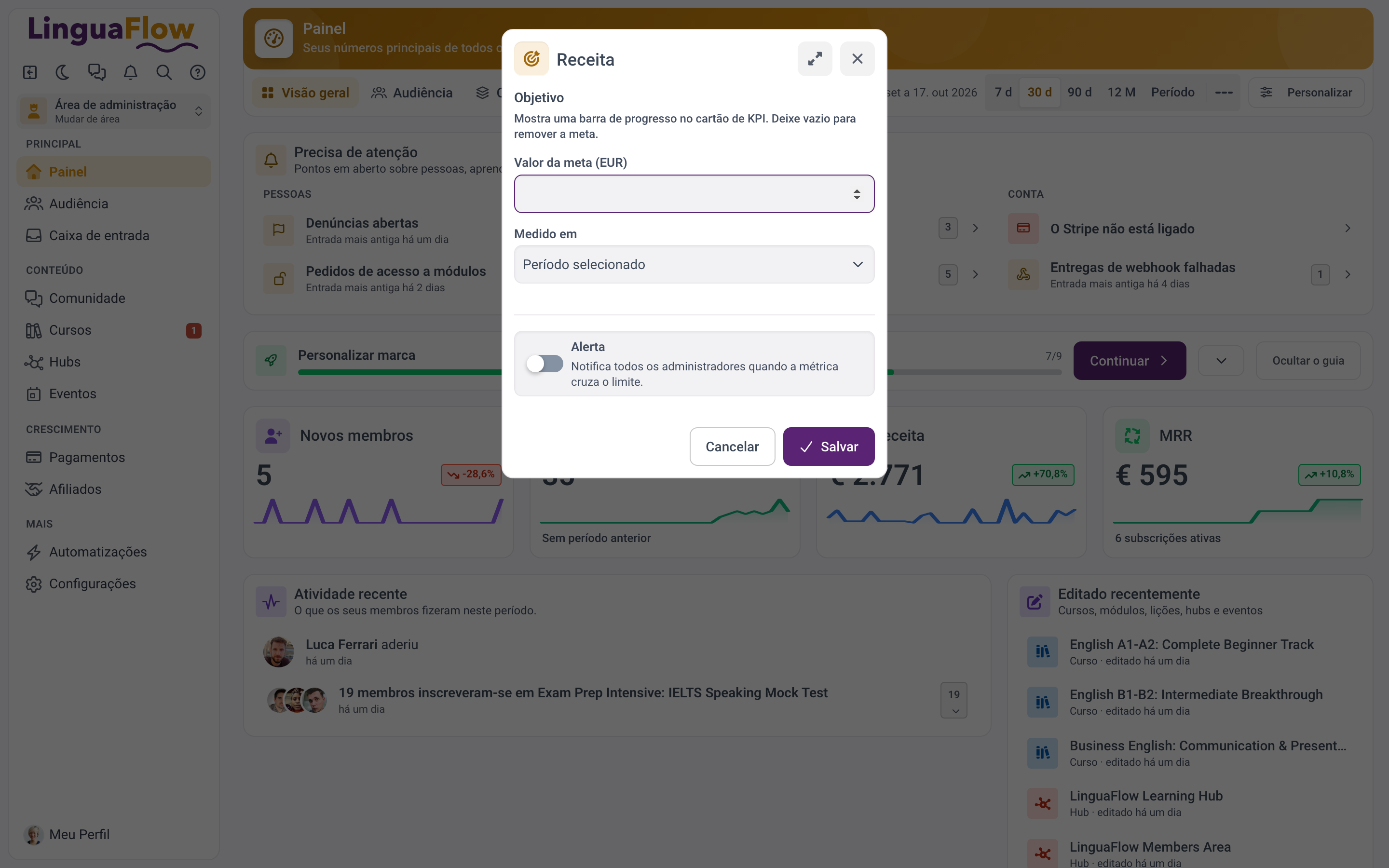 O painel de objetivo e alerta da receita