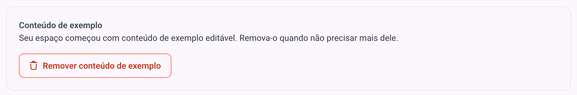 A caixa Conteúdo de exemplo com Remover conteúdo de exemplo