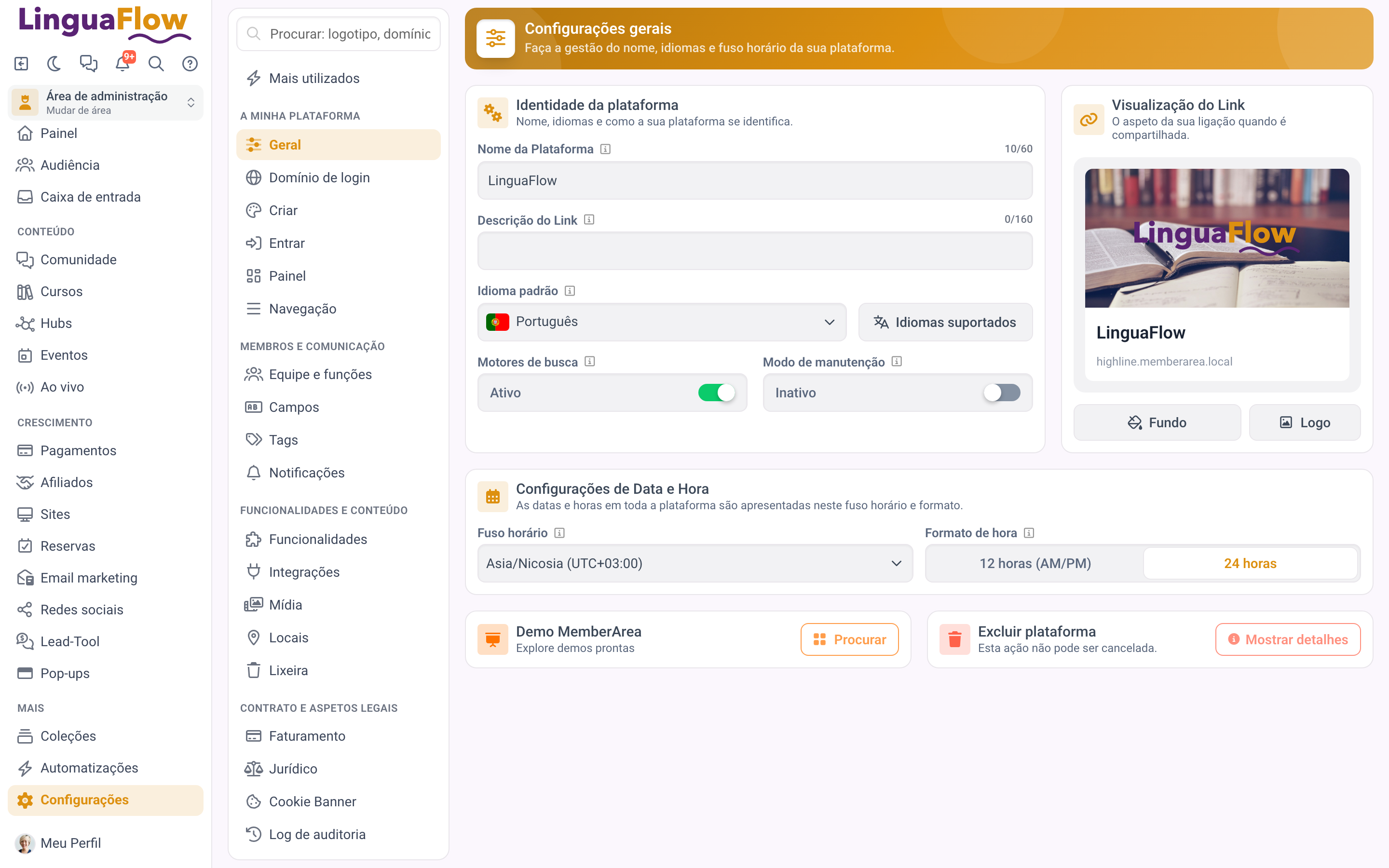 O menu de definições com os seus grupos
