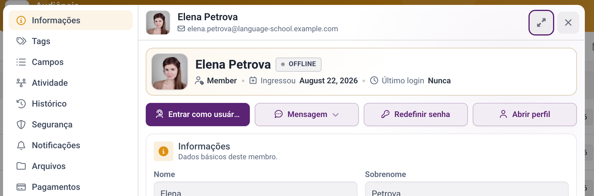 Iniciar sessão como membro a partir do perfil dele